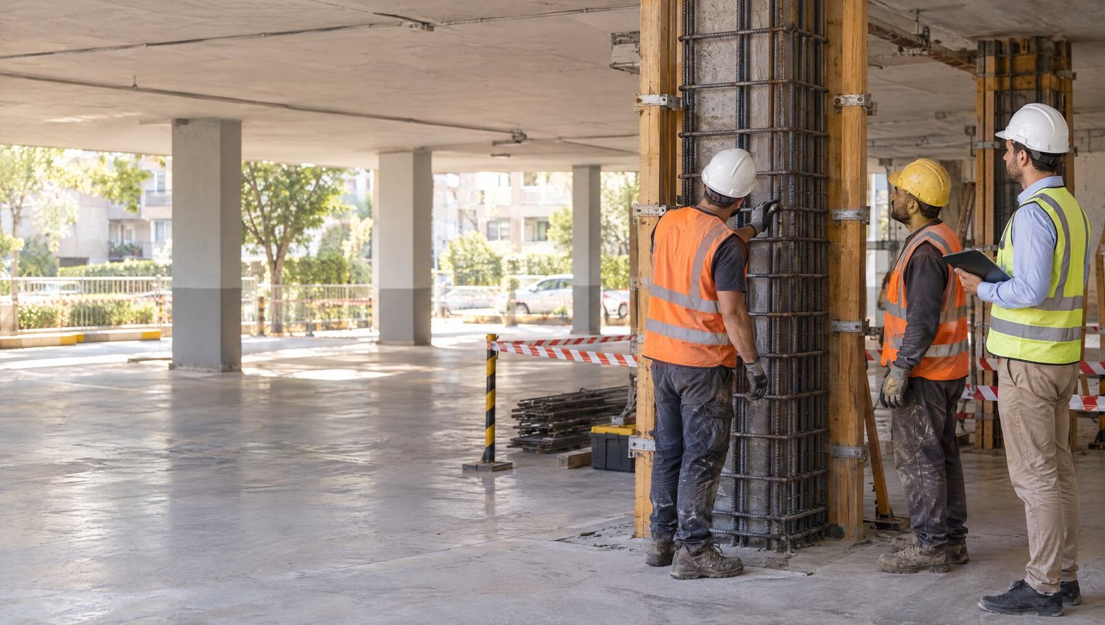 צוות שיקום ומהנדס בודקים עיבוי עמוד בטון בקומת העמודים של בניין מגורים