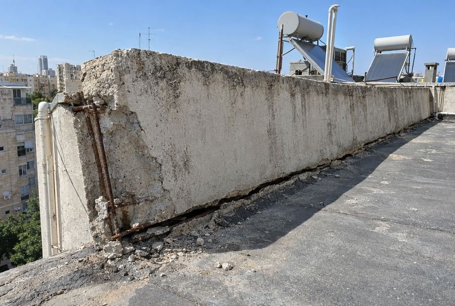 מעקה גג עם סדק אופקי בבסיסו וברזל חשוף